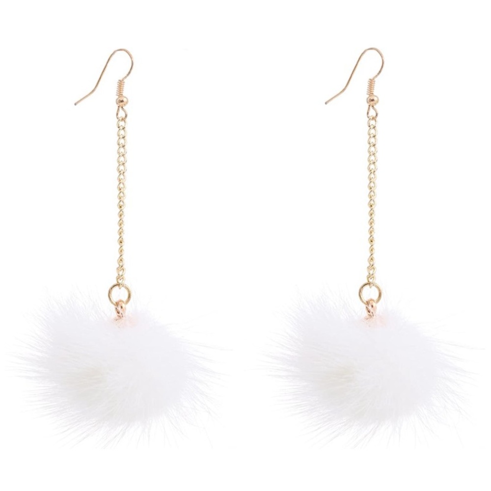 Rabbit Fur Pom Pom Drop Earring Gold Chain